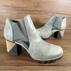 Sorel Gray Leather Cutout Ankle Booties with Wood-Block Heel